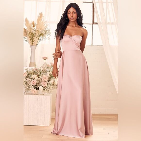 Lulu’s Real Romantic Light Rose Satin Strapless Maxi Dress Dress Dress - Picture 1 of 8